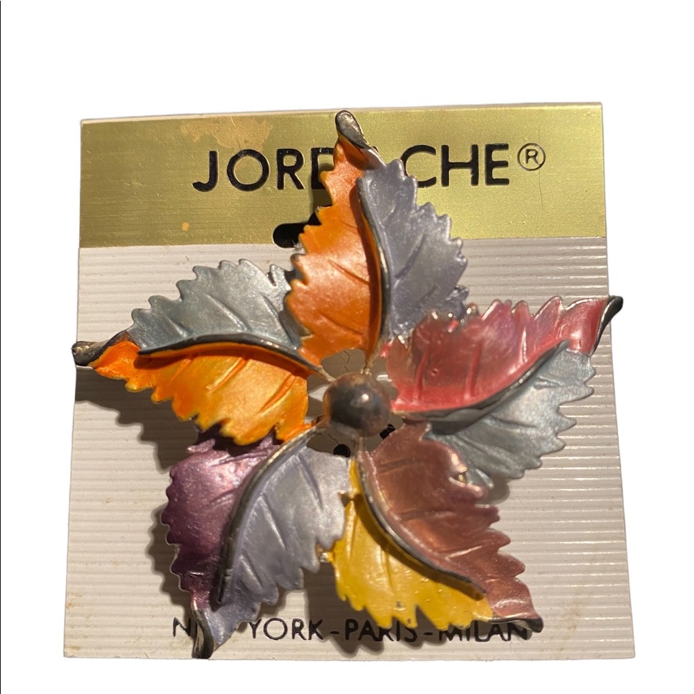 Vintage 1980s Brooch purple, pink and yellow enamel on a Gold Star leaf base